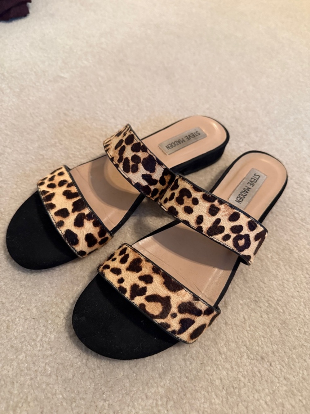 Steve Madden Leopard-Pattern Double Strap Slides - Black & Tan